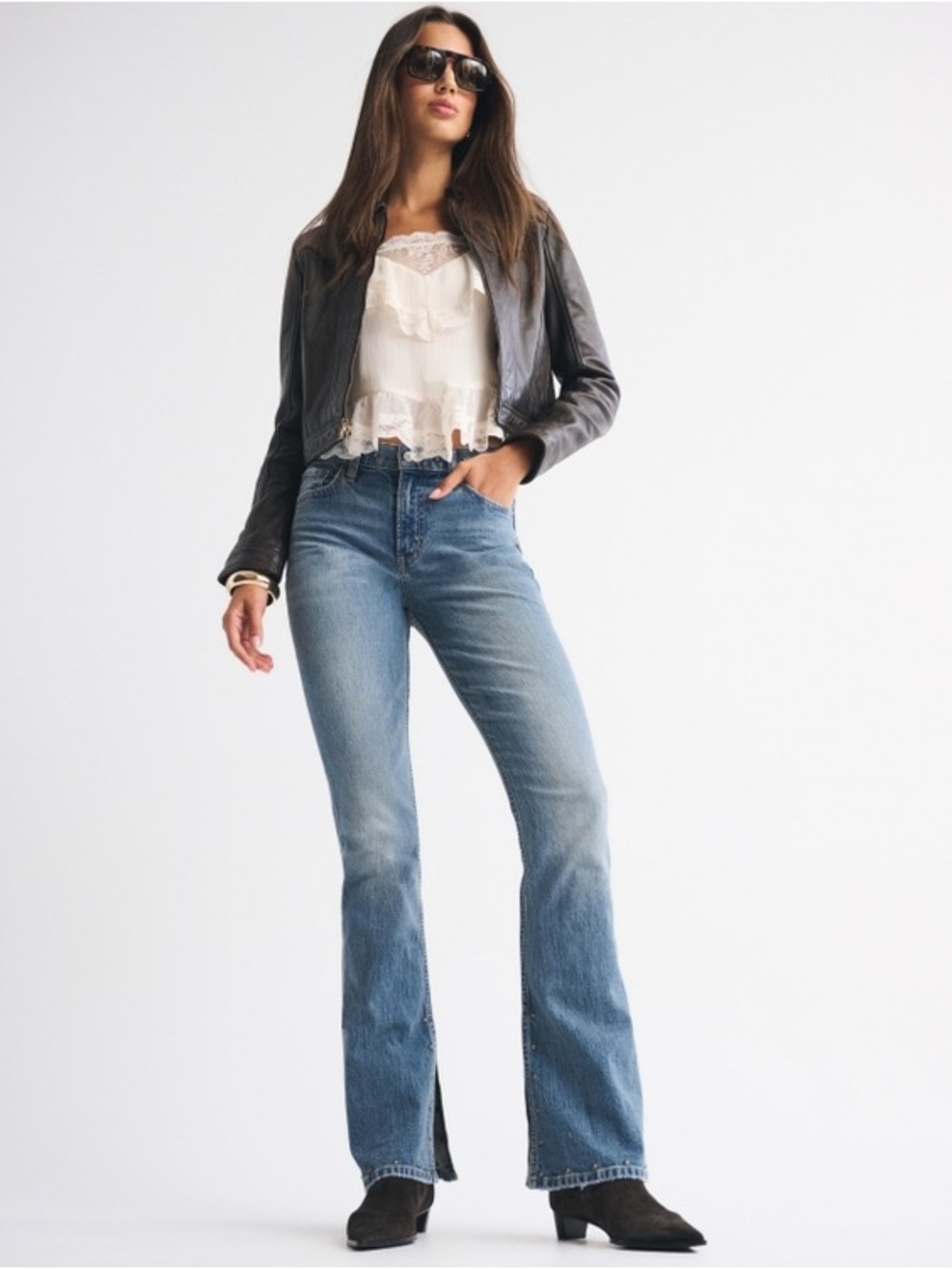 Abercrombie & Fitch High Rise Bootcut Studded Split Vent Hem Jeans NWT Size 26